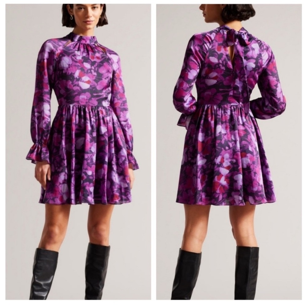 NWT Ted Baker Sammieh Purple Floral Long Sleeve High Neck Flare Mini Dress sz 0